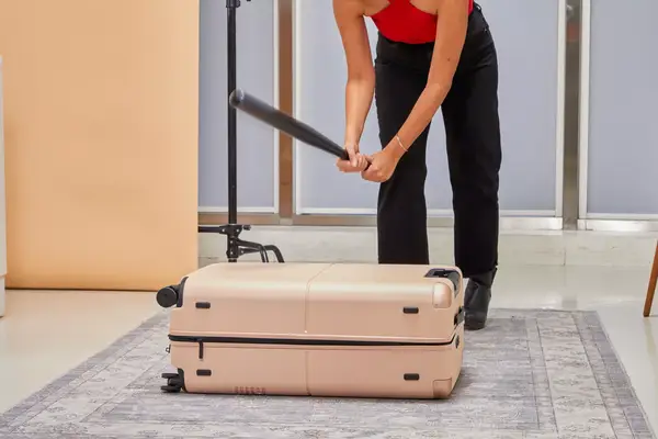 Person hitting the July Checked Plus Large Luggage with a baseball bat