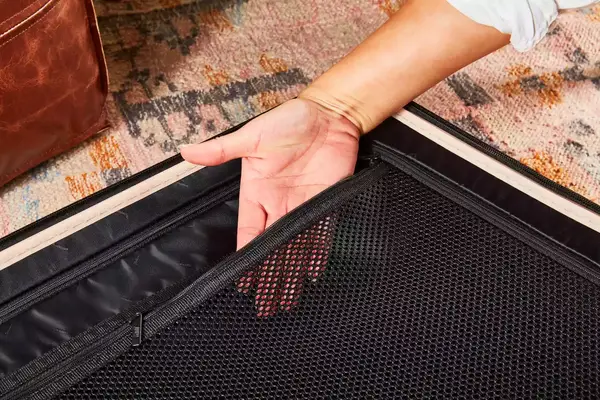 Hand inside a mesh pocket inside the July Checked Plus Large Luggage