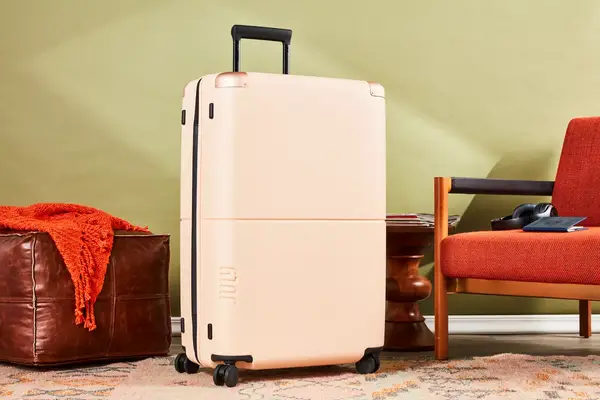 July Checked Plus Large Luggage displayed between a leather floor cushion and a chair