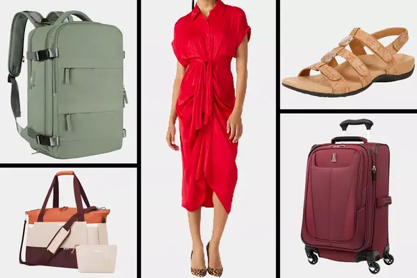 A collage displaying a backpack, a red dress, sandals, a tote bag, and a suitcase