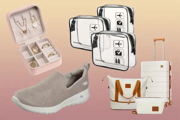 Travel essentials including packing cubes a jewelry organizer luggage items and comfortable shoes