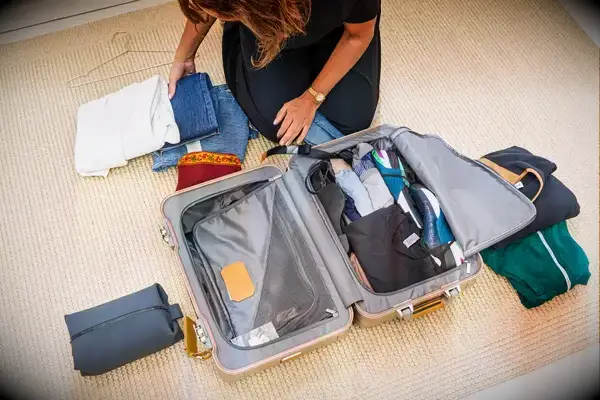 A person packing a Tumi suitcase