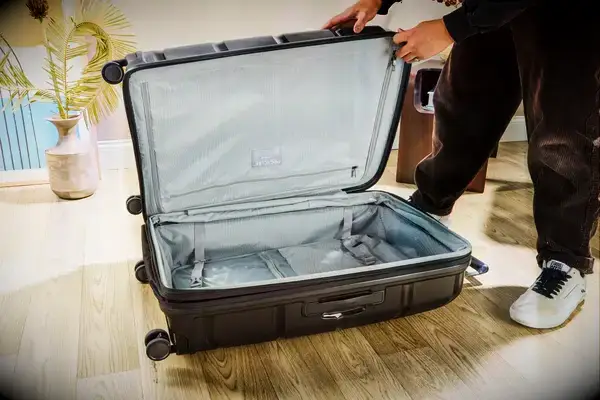 A person opening an empty suitcase Samsonite Outline Pro Large Spinner