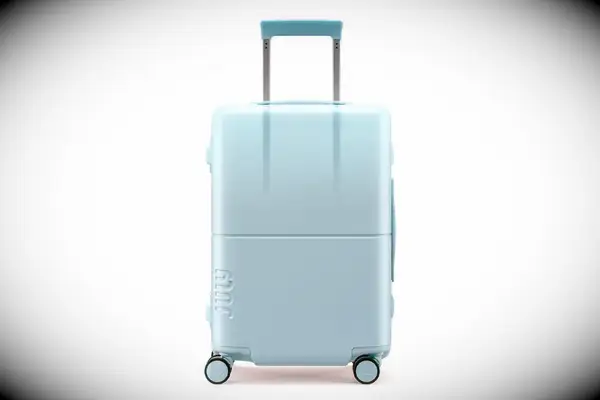 A person rolls the Samsonite Uplift Hardside Carry-on over a rug
