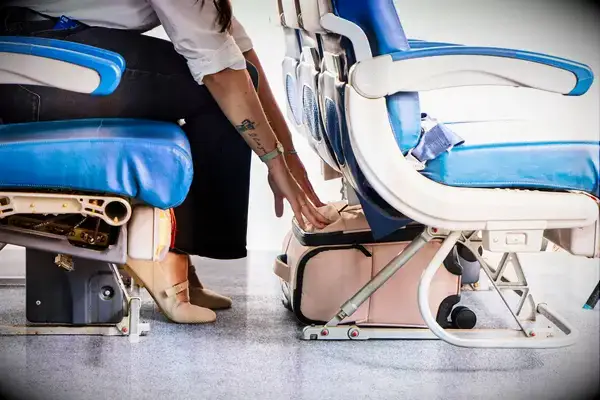 A person placing a Calpak underseater underneath an airplane seat