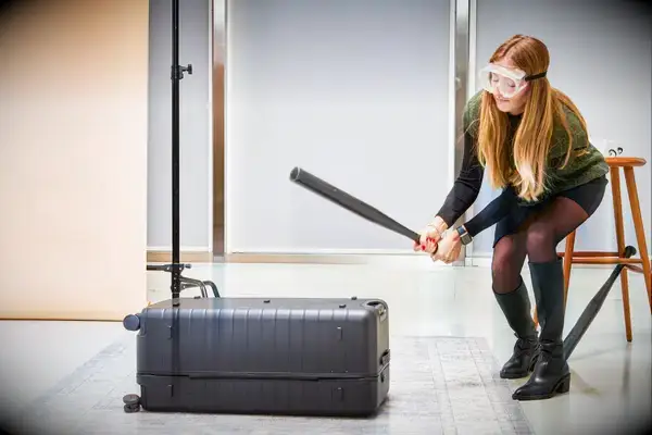 A person hitting the Away The Trunk with a baseball bat