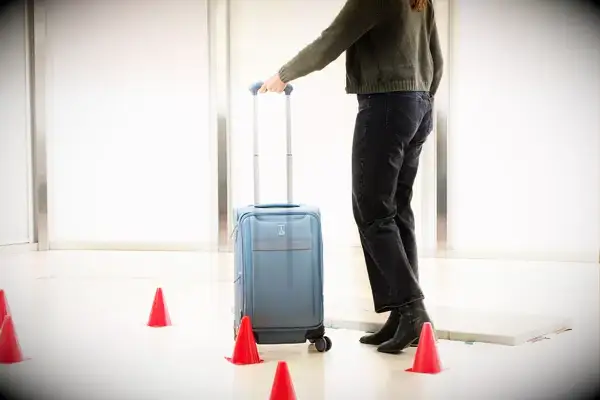 A person rolling a Travelpro Carry-on through an obstacle course of cones