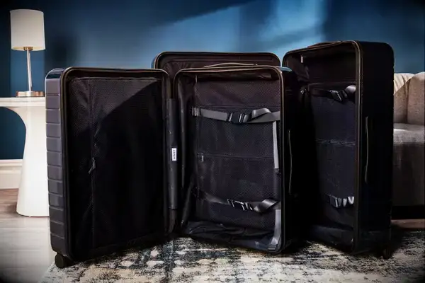 The interior of an Away suitcase