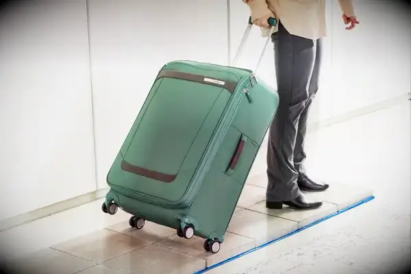 Person rolling the Samsonite Elevation Plus Large Softside Spinner on pavers