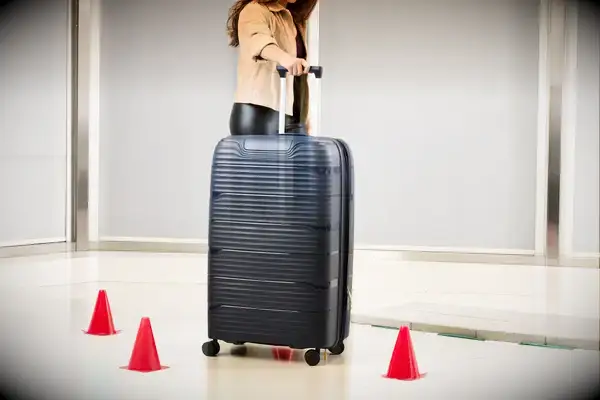 A person rolling a large Delsey suitcase