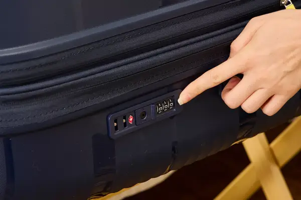 A person points to a lock on the Delsey Paris Dune Large Expandable Spinner