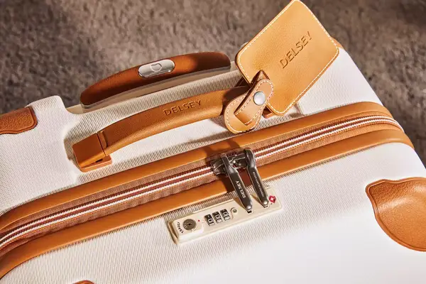 A close up of the Delsey Paris Chatelet Air 2.0 24 Inch Checked Spinner from a top view showcasing its logo