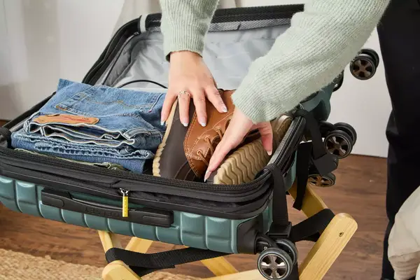 A person places boots into the Delsey Paris Shadow 5.0 Carry-on with Laptop Compartment