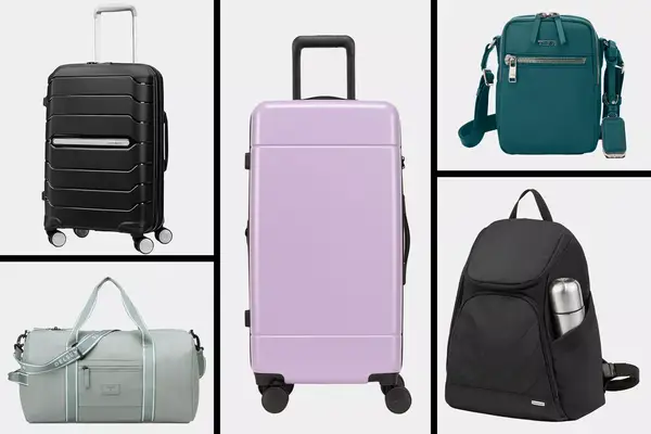 Variety of luggage types including suitcases, a backpack, and bags