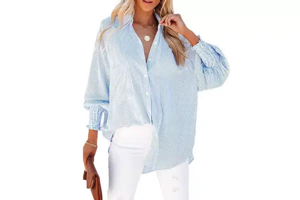 LEMAFER Smocked Cuffed Striped Boyfriend Shirt