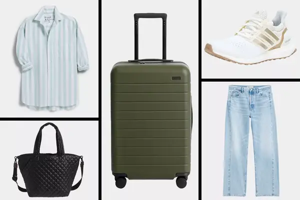 Shirley Oversized Button-Up Shirt, MZ Wallace Medium Metro Deluxe Tote, Away The Bigger Carry-On, adidas Ultraboost 1.0 Sustain Sneaker and Madewell Pieced Barrel-Leg Jeans on a grid background