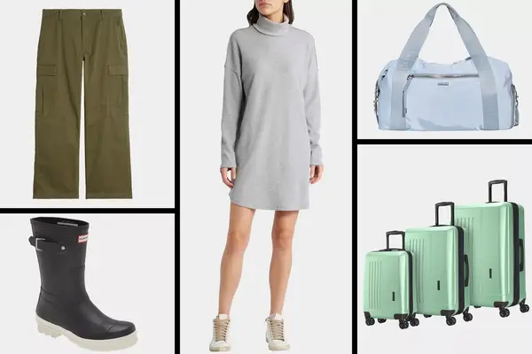 Baggy Cotton Stretch Twill Cargo Pants, Original Short Waterproof Rain Boot, Long Sleeve Waffle Knit Turtleneck Dress, Duffle Bag and SAN 3 Piece Hardside Luggage Set on a grid background