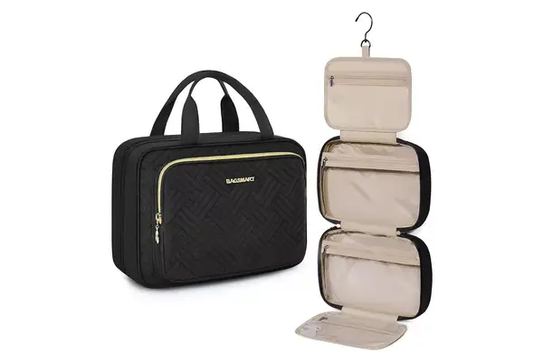 Amazon BAGSMART Travel Toiletry Bag Hanging Travel Makeup Organizer Cosmetic Bag Makeup Bag for Full Sized Toiletries, Basic-Black