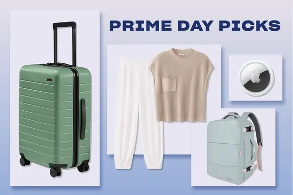 A collage featuring a suitcase, apparel, electronics, and a backpack, highlighting Amazon member-only deals