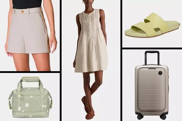 Collage of travel-related items: beige shorts, sleeveless dress, green slide sandals, flower-patterned bag, and silver carry-on suitcase