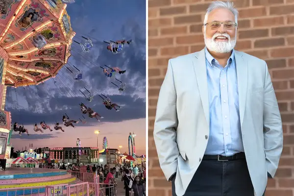 Twopanel image left a lively fairground with a swing ride right a person standing against a brick wall dressed formally