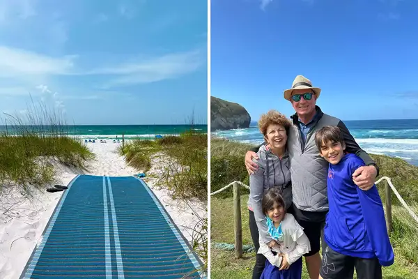 A pair of photos one showing a Mobi-Mat on the beach, and the other a family posing for a photo in the Azores.
