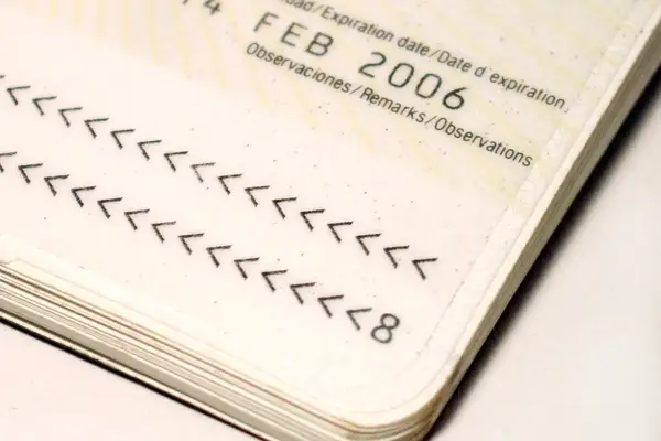 A passport page showing expiration date February 2006 and a section of machine-readable lines