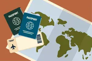 Illustration of two passports in different colors with a map of the world and an airline ticket