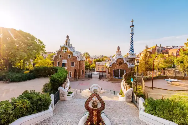 Barcelona cityscape on a sunny morning seen from Park Guell, Spain