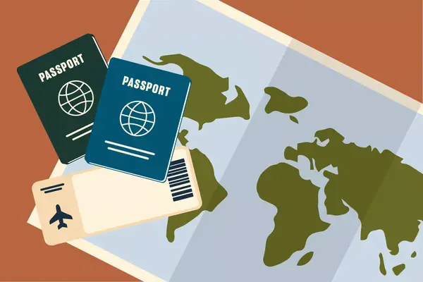 Illustration of two passports in different colors with a map of the world and an airline ticket