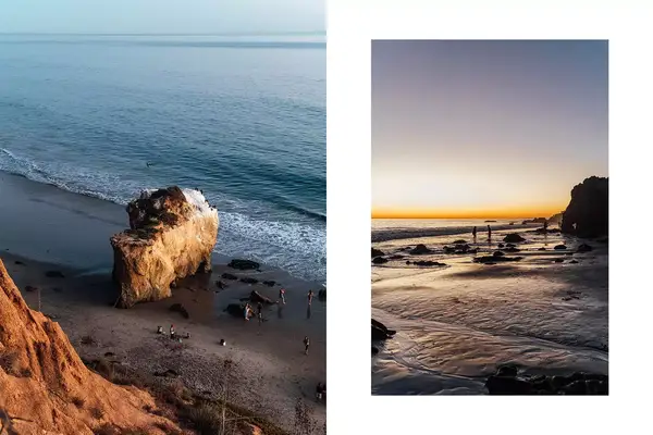 Left photo looking down on people on the beach by a big boulder. Right photo the beach at sunset