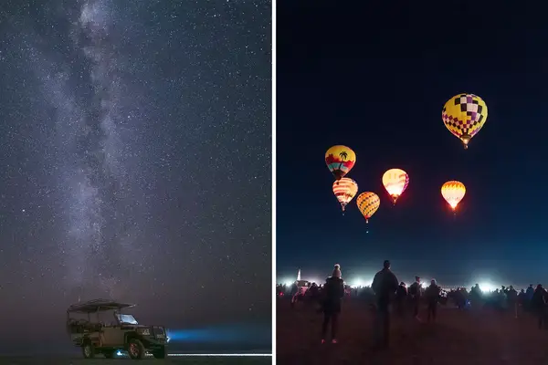 on left a jeep at night with headlights on under stars; on right hot air balloons glowing at night with people watching