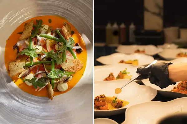 A pair of photos one showing an orange food dish with beans and the other a chef plating food.