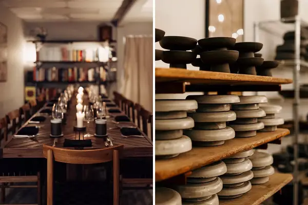A pair of photos one showing a dining table and the other a stack of plates.