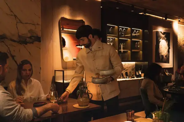 A low lit dinning room.