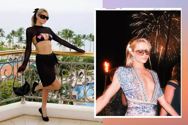 Paris Hilton posing outdoors on a balcony and at an event with fireworks in the background