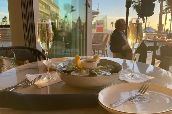 Glasses of champagne and oysters on the half shell at Hotel del Coronadoâs Sun Deck
