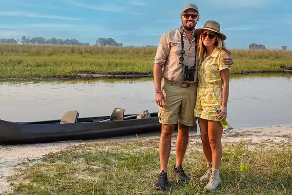 T+L editor Nina Ruggiero and fiance at Camp Okavango Botswana