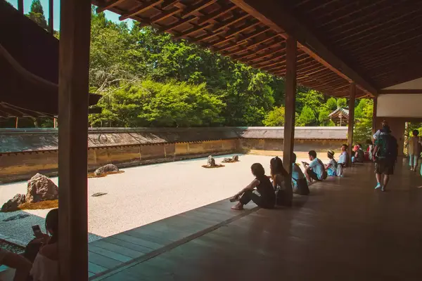 People sitting around Ryoan-ji temple
