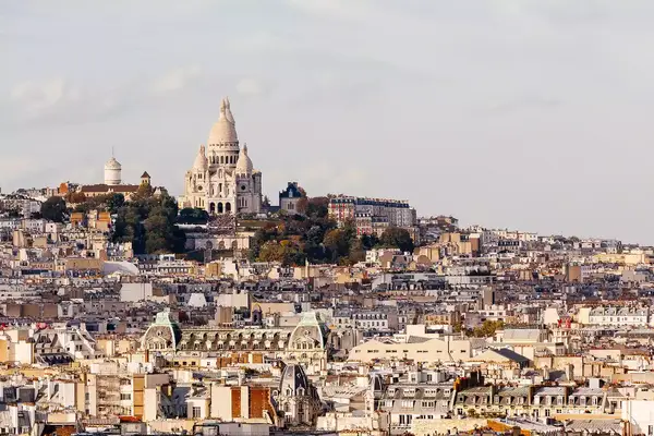 Montmartre and Sacre Coeur basilica high angle view, Paris, France