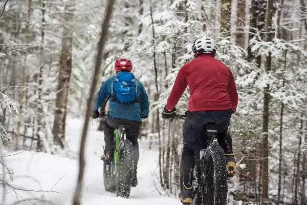 Two mountain bikers out on fat-tire bikes on a snowy winter day.