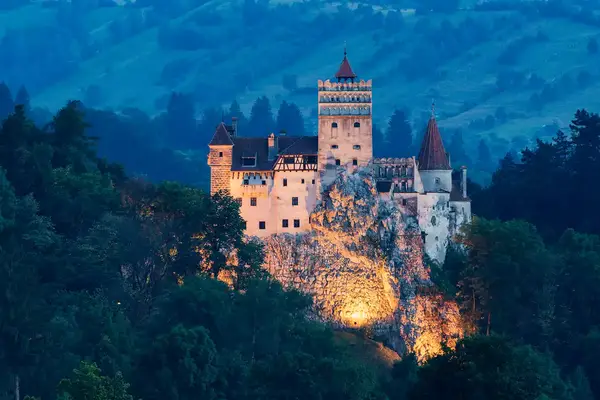 Illuminated Bran Castle in Transylvania, Romania