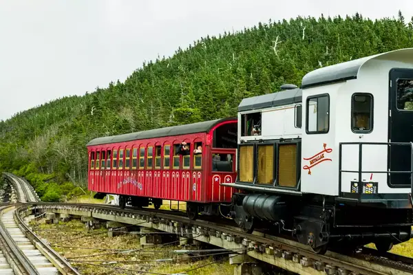 Train and track at The Mount Washington Cog Railway, Mount Washington, New Hampshire.