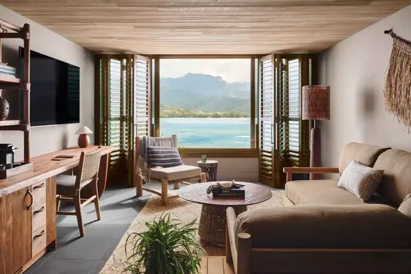 Interior suite living room with view of Hanalei Bay 