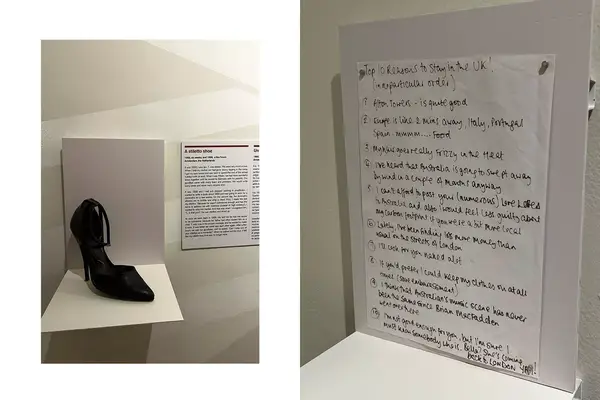 A single stiletto and list of reasons to stay in the UK from the Museum of Broken Relationships exhibit in Mexico City