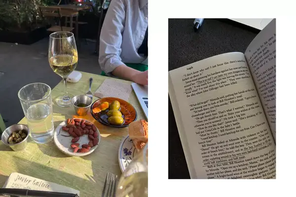 Glasses of wine and bowls of olives and an annotated book in Mexico City