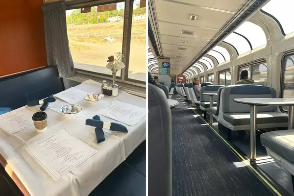 Interior of a dining car and viewing car on an amtrak train 