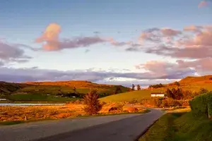 Golden hour before sunset cast a orange light on the green hills dotted with homes along a curved road on the Isle of Skye in Scotland