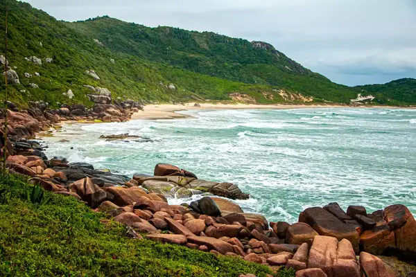 Coastal landscape with waves, beach, and rocky shore