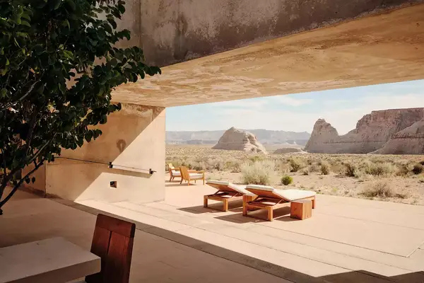 Lounge chairs set up outside the Girijaala Suite at Amangiri 